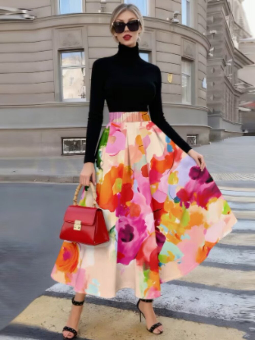 Women’s Abstract Watercolor Floral Print Midi Skirt Multicolor Size M NEW
